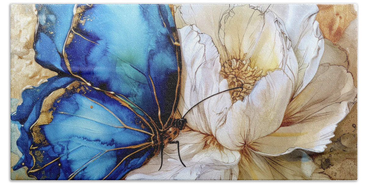 Butterfly Beach Towel featuring the painting Blue Butterfly Elegance by Tina LeCour