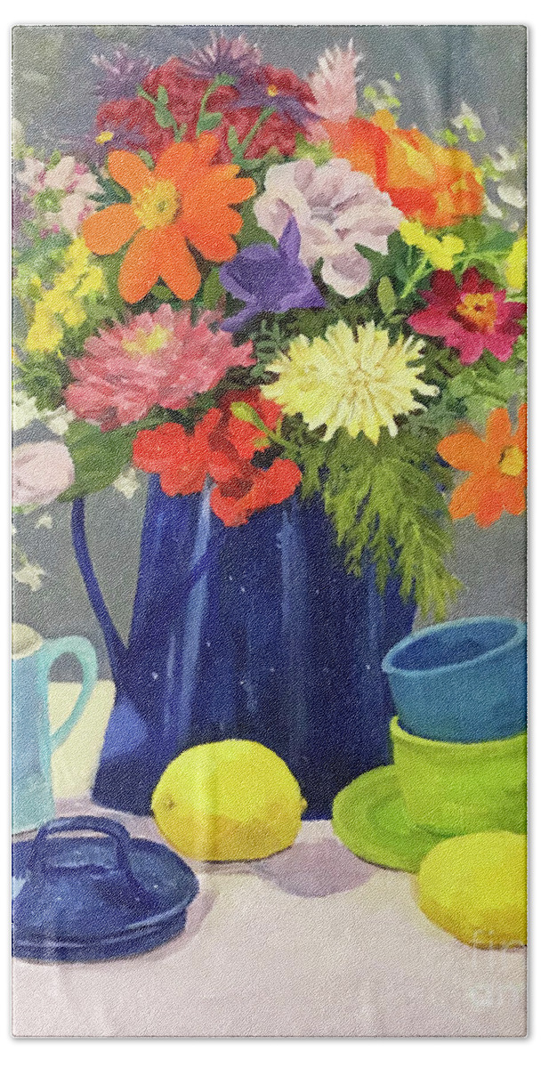 Blue Beach Towel featuring the painting Blue Coffeepot Bouquet by Anne Marie Brown