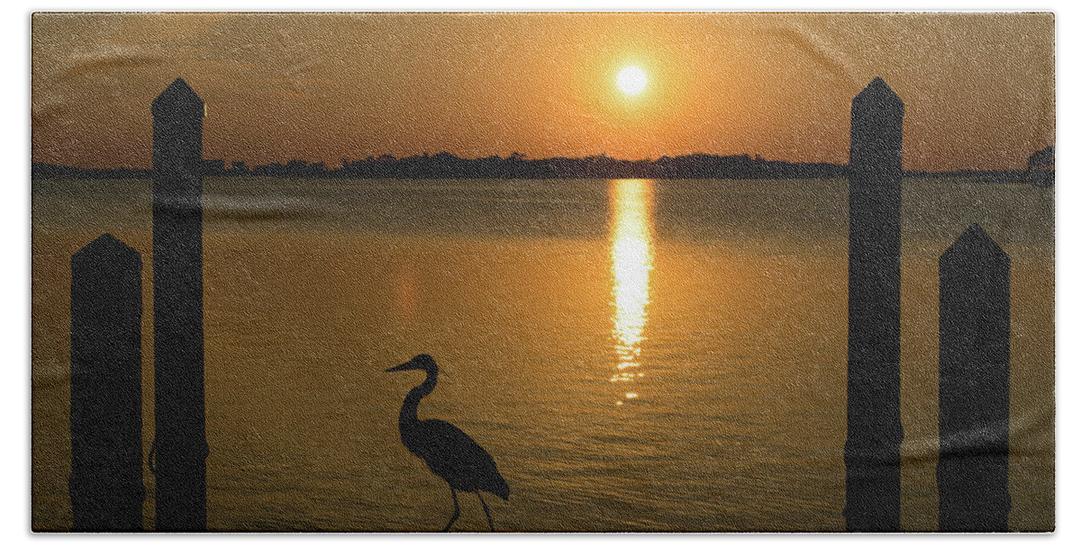 Reflection Beach Towel featuring the photograph Blue Heron on the Dock at Sunset by Beachtown Views
