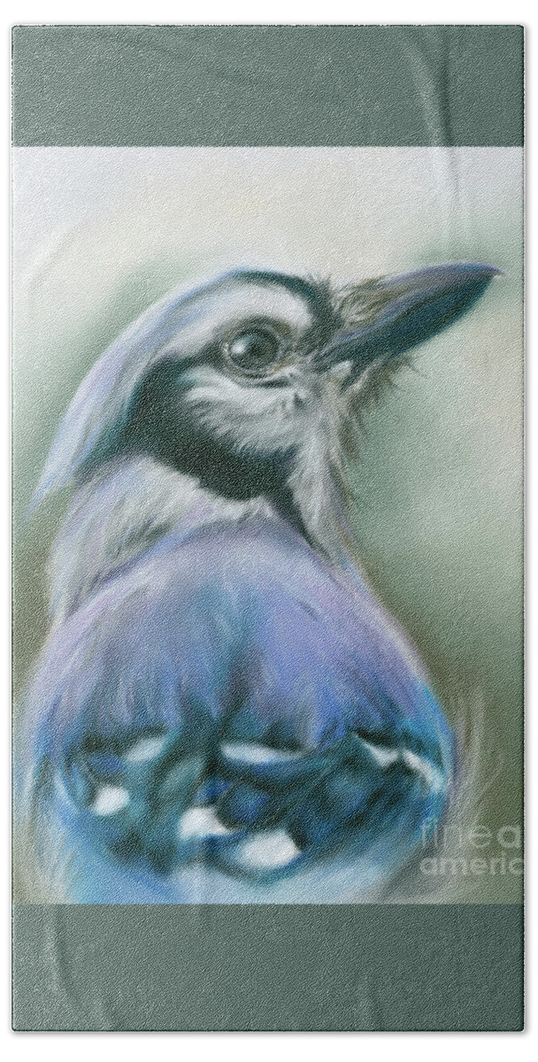 Bird Beach Towel featuring the painting Blue Jay Songbird Portrait by MM Anderson