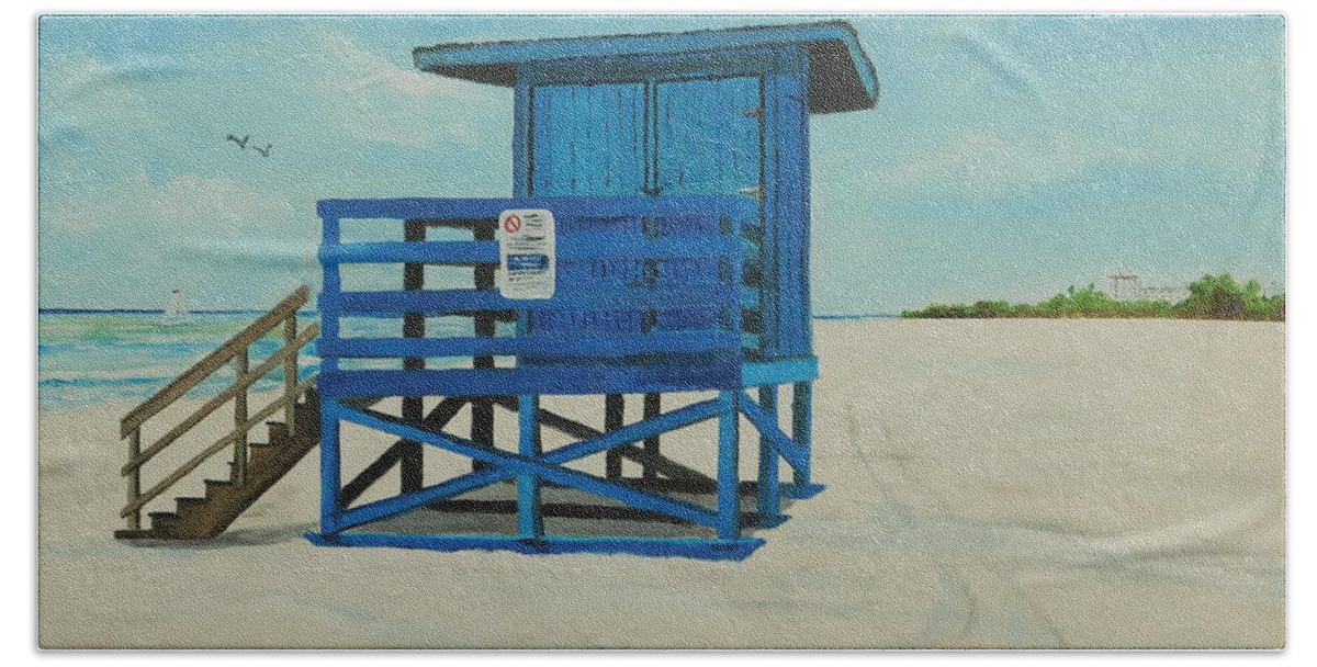 Siesta Key Beach Beach Sheet featuring the painting Blue Lifeguard Stand On Siesta Key Beach by Lloyd Dobson