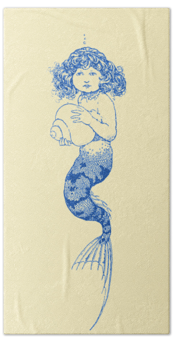 Mermaid Beach Towel featuring the digital art Blue Mermaid Line Art by Madame Memento