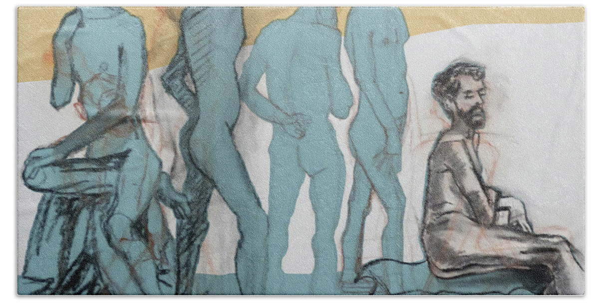 Male Nude Beach Towel featuring the mixed media Blue Nude by PJ Kirk