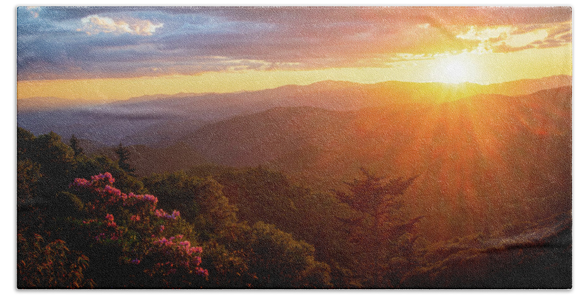 Sunset Beach Towel featuring the photograph Blue Ridge Parkway North Carolina Spring Sunset Explosion by Robert Stephens