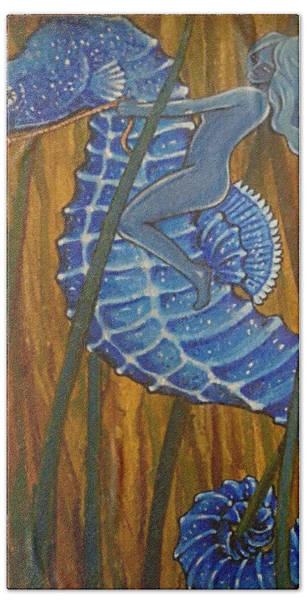 Seahorse Beach Towel featuring the painting Blue Seahorse Rider of Near by James RODERICK