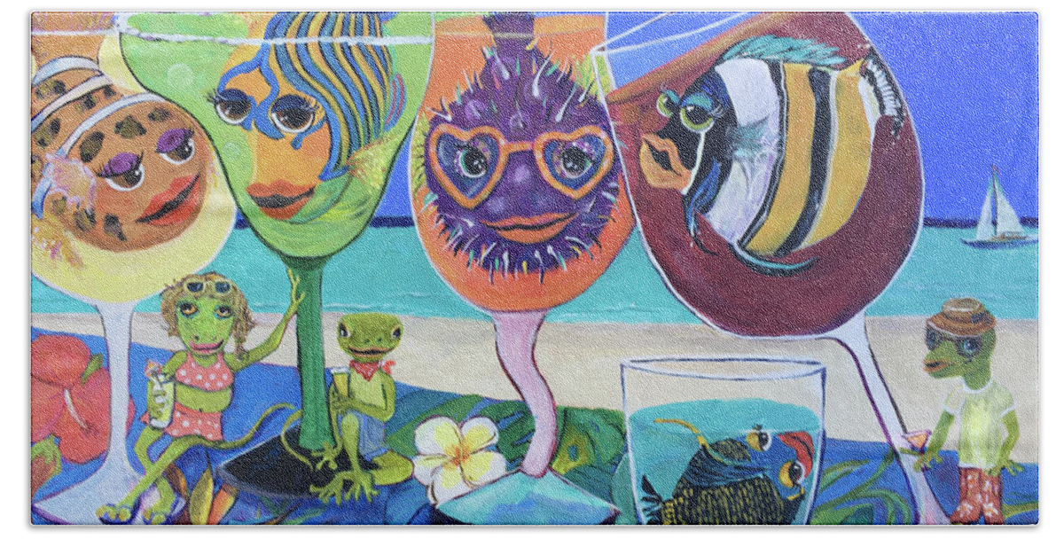 Fish In Cocktails Beach Towel featuring the painting Blue Sky Beach Party by Linda Kegley