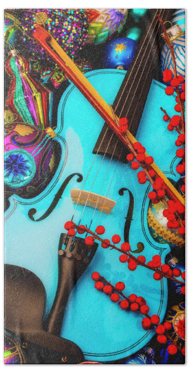Abundance Red Fancy Beach Towel featuring the photograph Blue Violin And Ornaments by Garry Gay