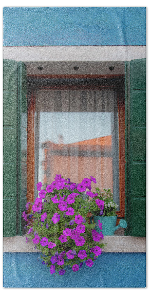 Burano Beach Towel featuring the photograph Blue Window Pink Flowers by David Downs