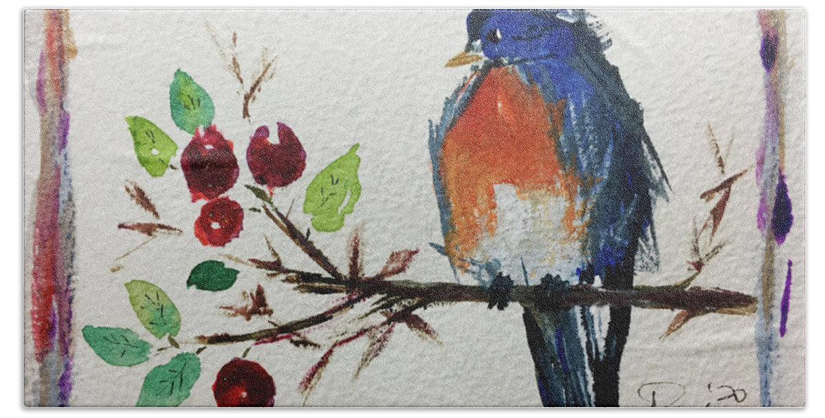 Bluebird Beach Towel featuring the painting Bluebird on a Berry Branch by Roxy Rich