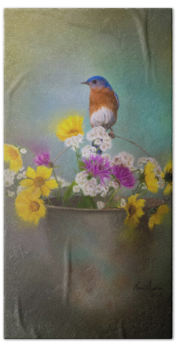 Bluebird Beach Sheet featuring the digital art Bluebird With Bucket of Flowers by Lena Auxier