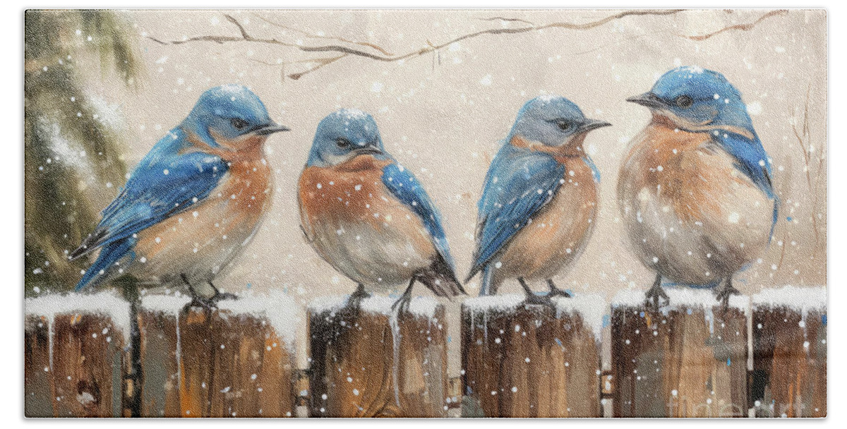 Bluebirds Beach Towel featuring the painting Bluebirds On The Fence by Tina LeCour
