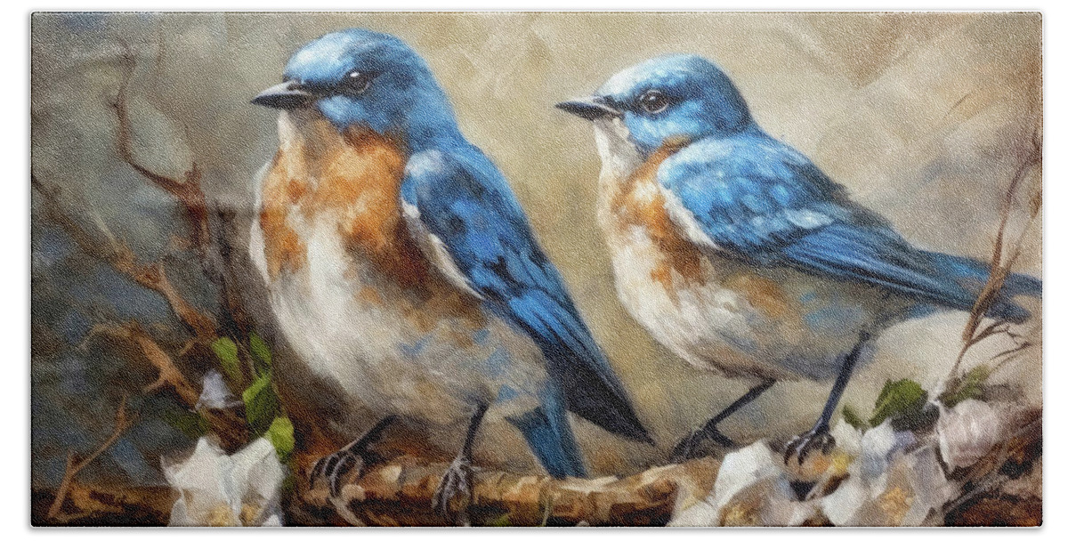 Bluebirds Beach Towel featuring the painting Bluebirds On The Nest by Tina LeCour