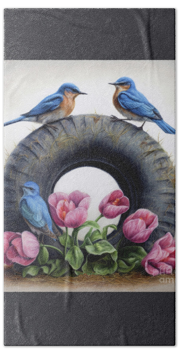 Bluebirds Beach Towel featuring the painting Bluebirds On The Tire by Tina LeCour