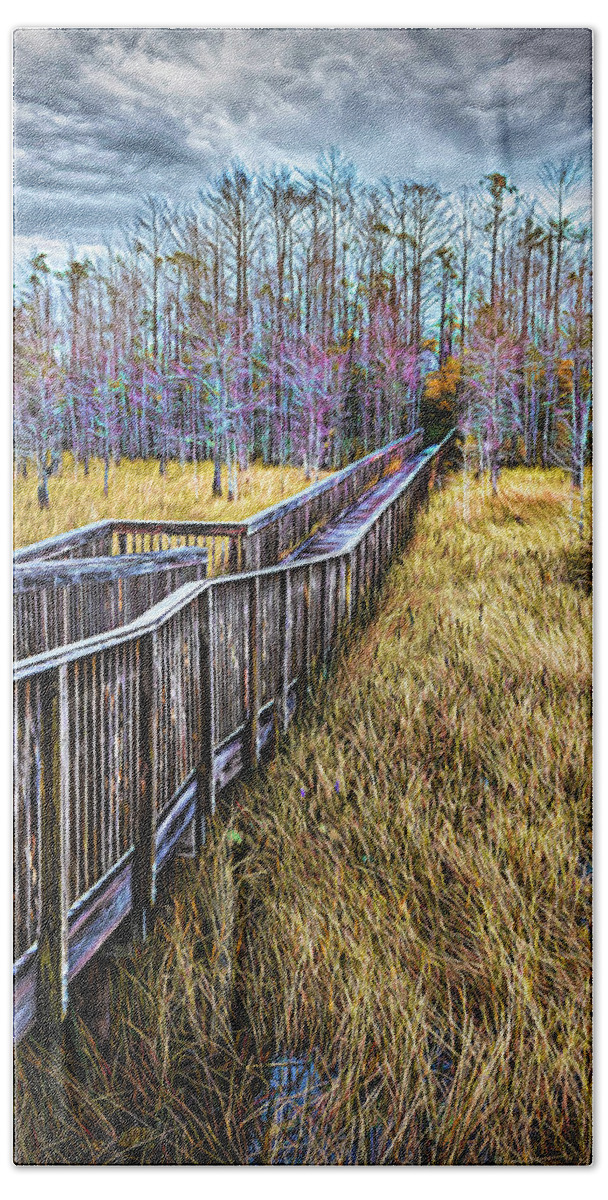 Clouds Beach Towel featuring the photograph Boardwalk over the Marsh Painting by Debra and Dave Vanderlaan