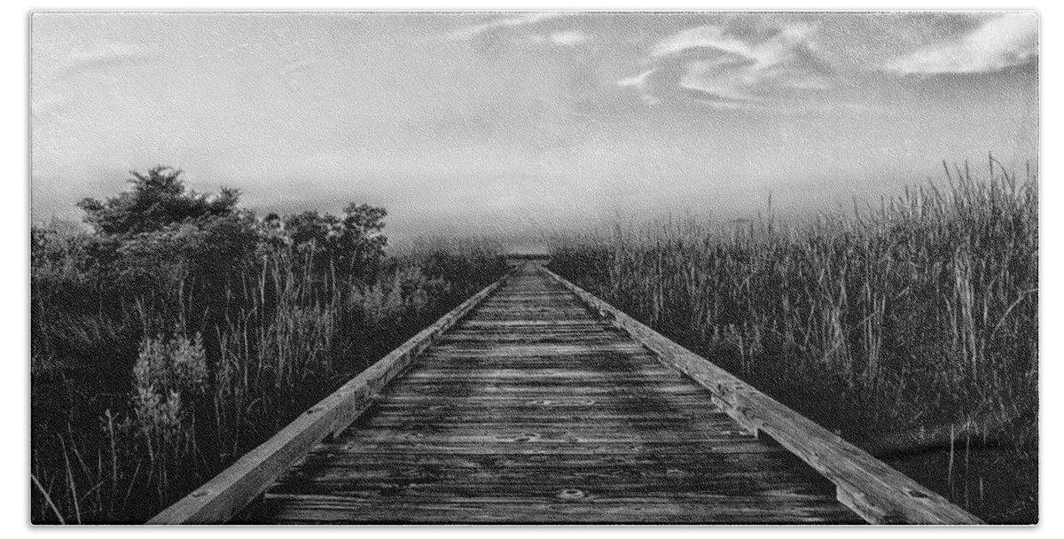 Boardwalk Beach Towel featuring the photograph Boardwalk to Infinity in Black and White by Bob Decker