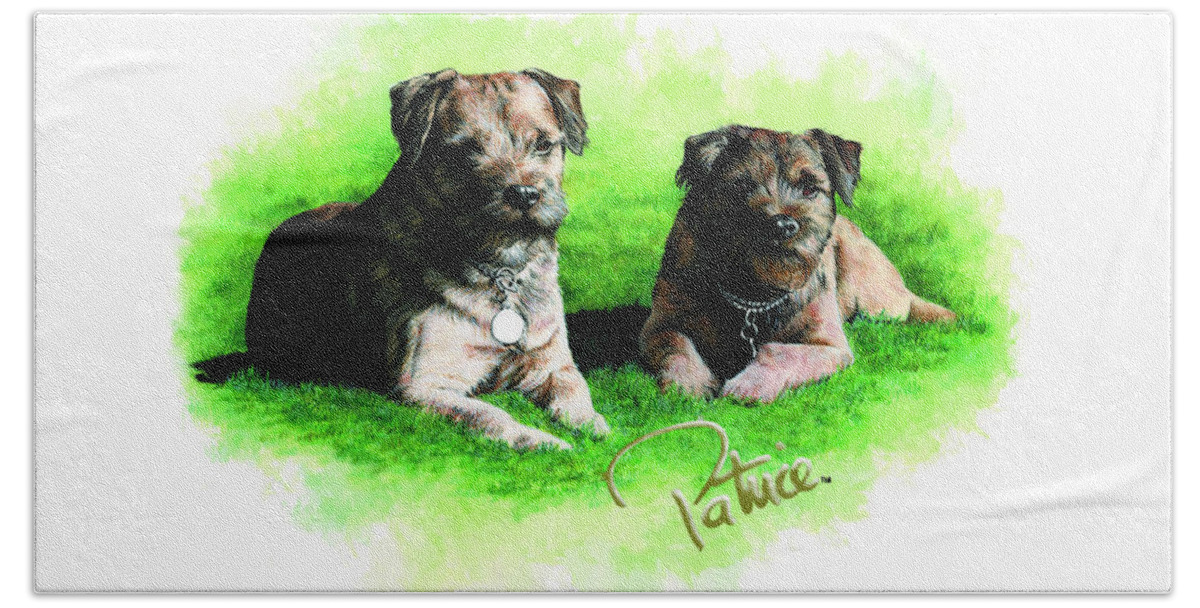 Commissioned Watercolour Art By Patrice Beach Towel featuring the painting Border Terriers by Patrice Clarkson