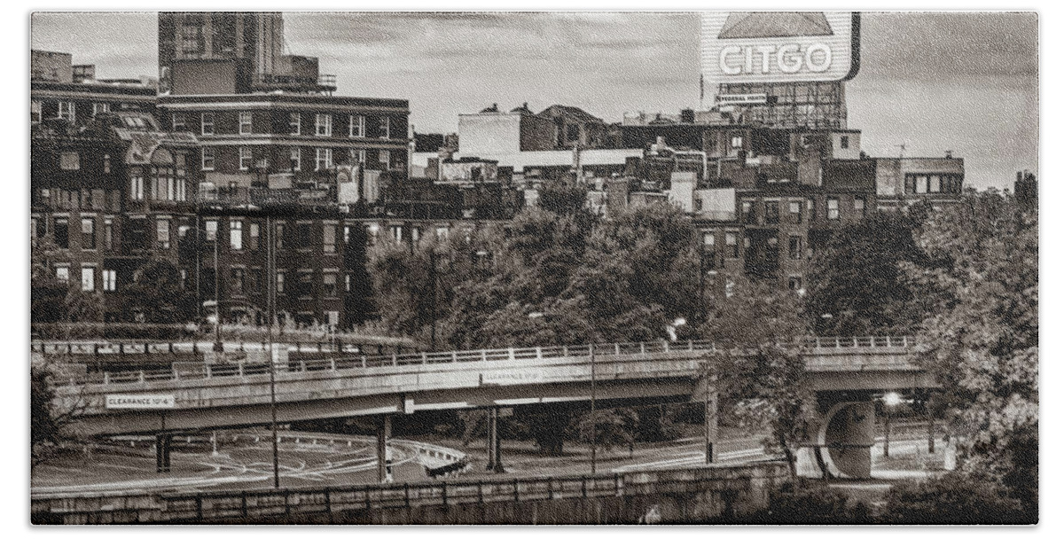 Citgo Sign Beach Towel featuring the photograph Boston Fenway Citgo Sign Along The Charles River - Sepia Edition by Gregory Ballos