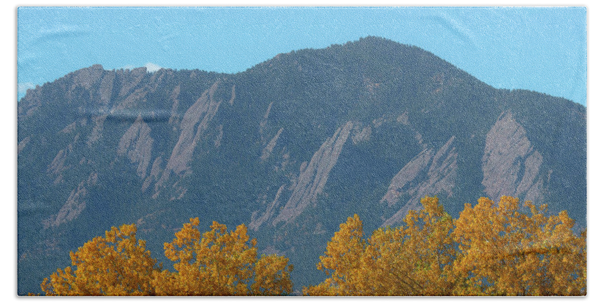 Boulder Colorado Beach Towel featuring the photograph Boulder Flatirons and Mighty Cottonwood Trees by James BO Insogna