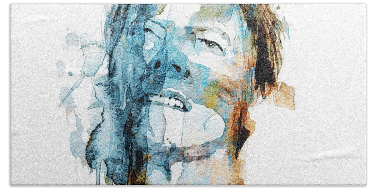 David Bowie Beach Towel featuring the painting Bowie - Strung out on lasers and slash back plazas by Paul Lovering