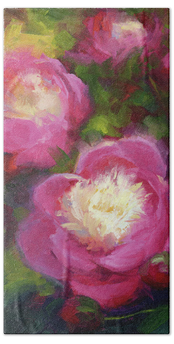 Paeonia Beach Sheet featuring the painting Bowls of Beauty - Alaskan peonies by Talya Johnson