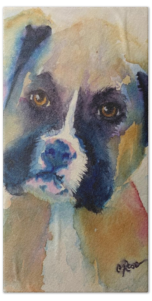 Watercolor Beach Towel featuring the painting Boxer Puppy by Christine Marie Rose