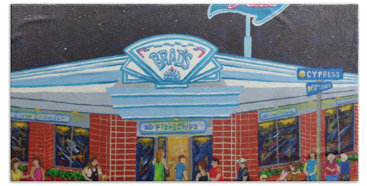 Brads Beach Towel featuring the painting Brad's Pismo Beach California by Katherine Young-Beck