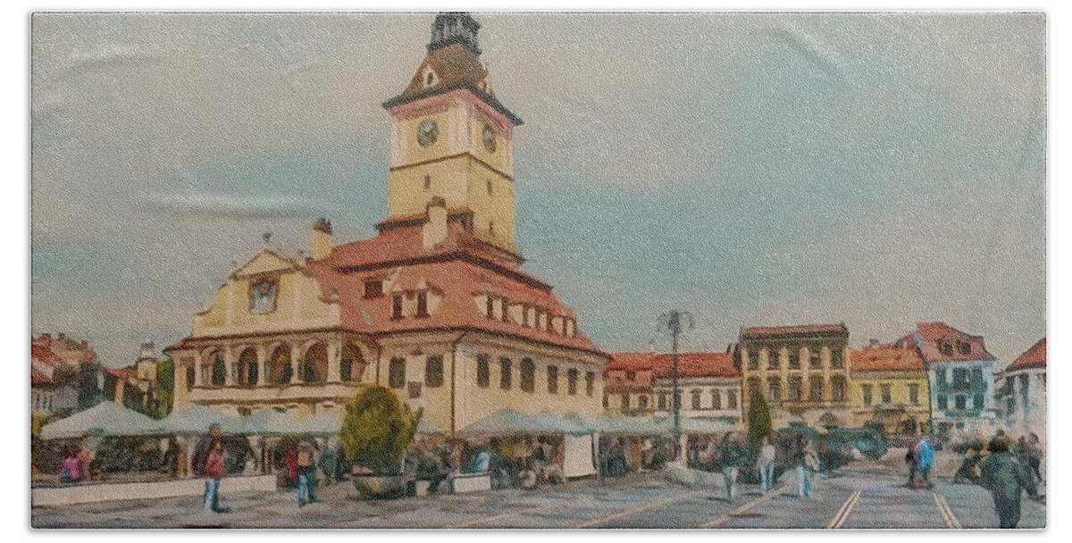 Brasov Beach Towel featuring the painting Brasov Council Square 2 by Jeffrey Kolker