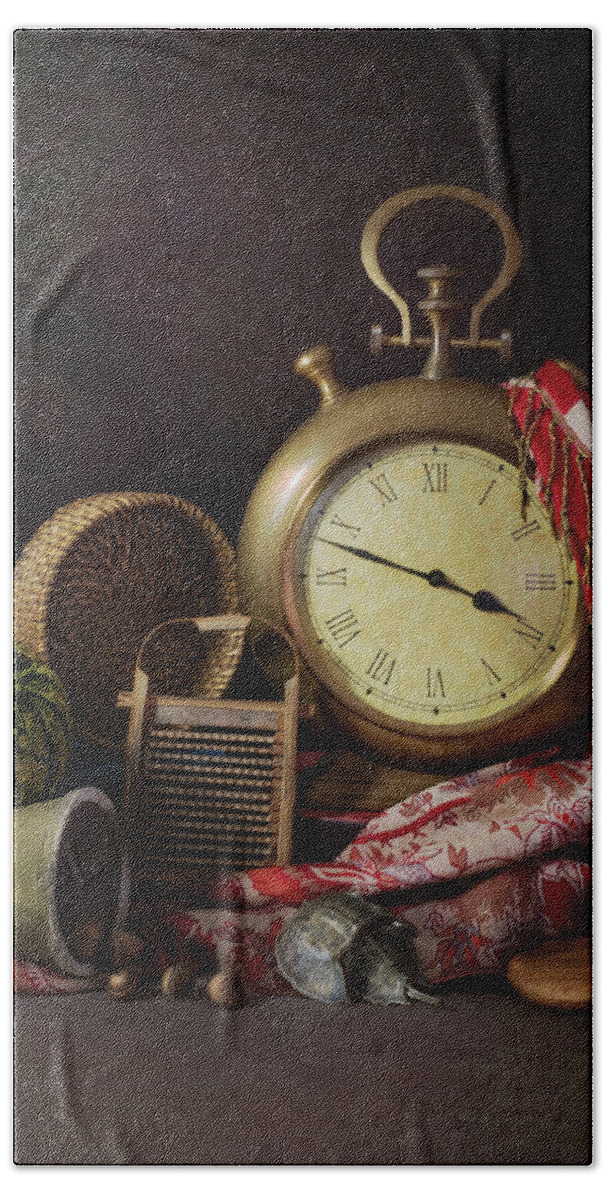 Vertical Beach Sheet featuring the photograph Brass Clock Old Masters Still Life by Betty Denise