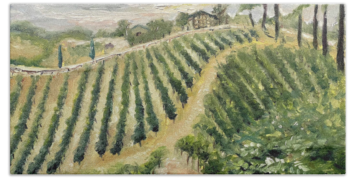 Vineyard Beach Towel featuring the painting Brendas View at Lorenzi Estate Winery in Temecula by Roxy Rich
