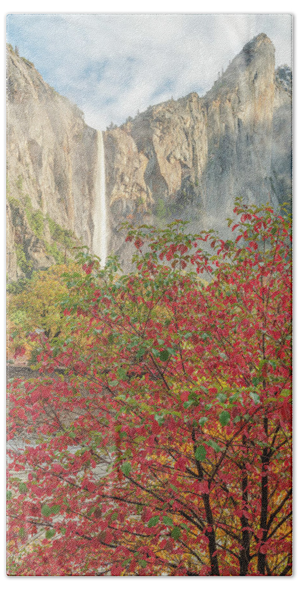 Bridalveil Beach Towel featuring the photograph Bridalveil Fall and Red Leaf by Bill Roberts