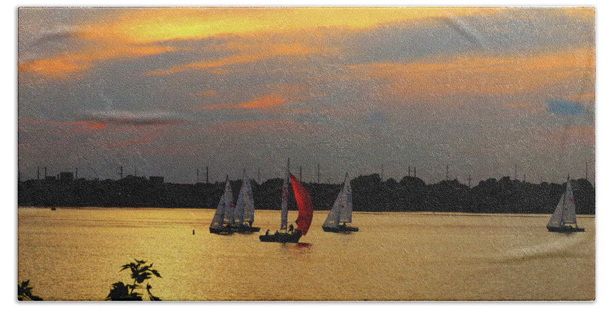 Sailboats Beach Towel featuring the photograph Bright Sails at Sunset by Linda Stern