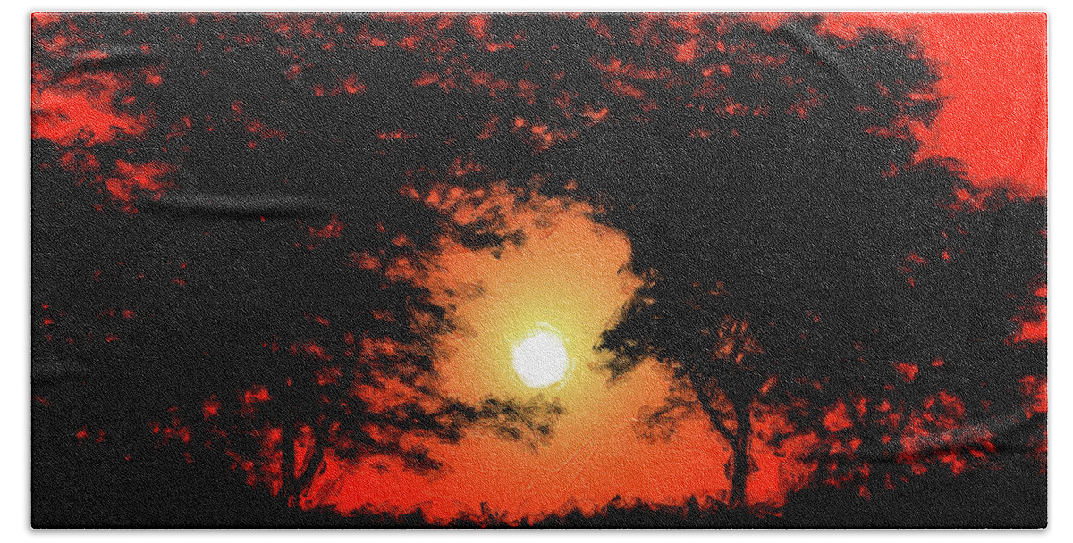 Brilliant Sunrise Silhouette Landscape Beach Towel featuring the mixed media Brilliant Sunrise Silhouette Landscape by Dan Sproul