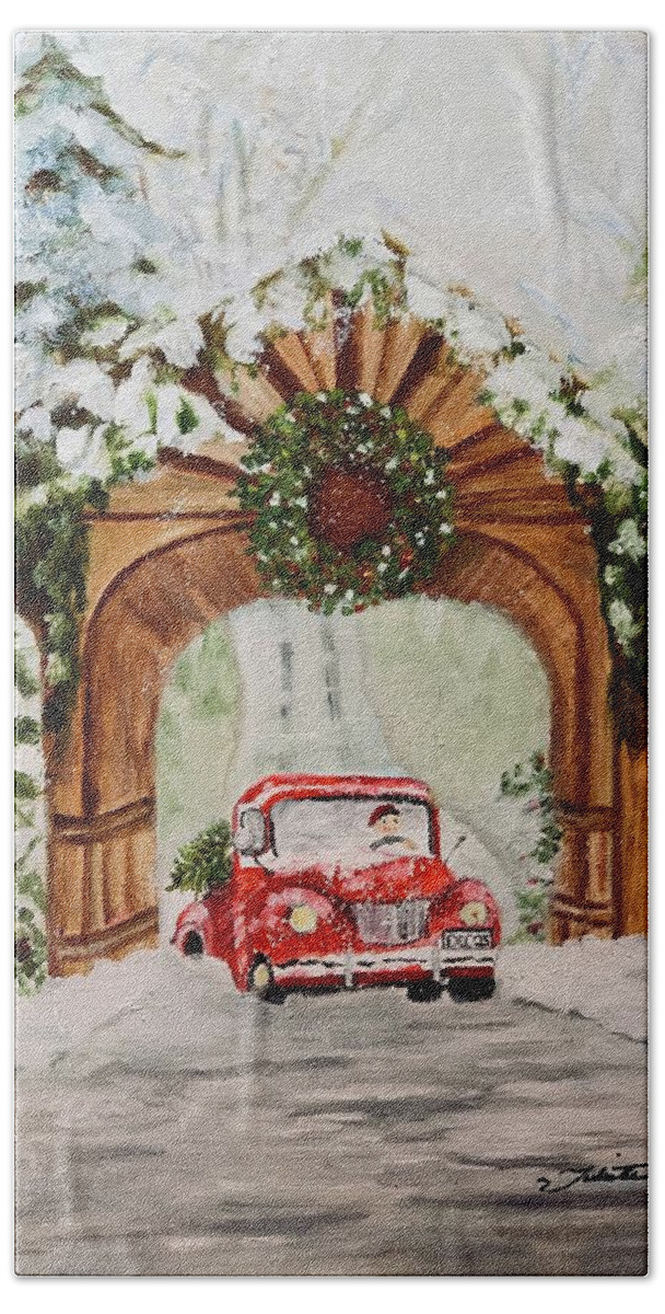 Red Truck Beach Towel featuring the painting Bringing Home the Tree by Juliette Becker