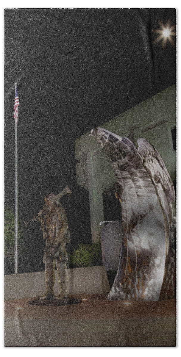 Statue Beach Towel featuring the photograph Bronze Soldier and Silver Eagle by Steve Templeton