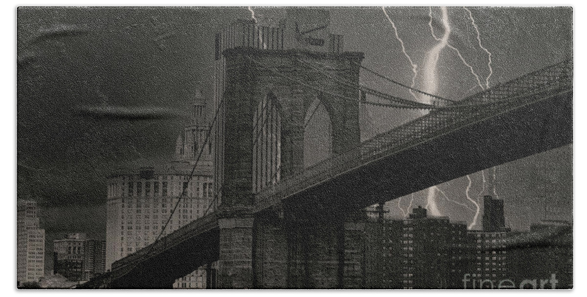Brooklyn Bridge Beach Towel featuring the photograph Brooklyn Bridge Lightning BW by Chuck Kuhn