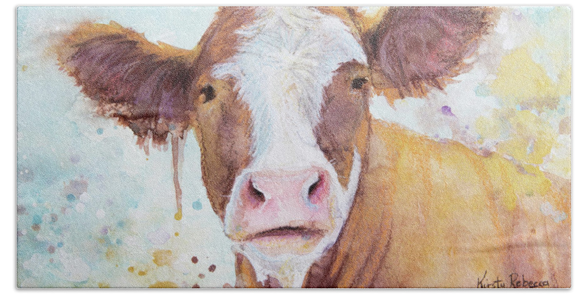 Cow Beach Towel featuring the painting Brown Cow by Kirsty Rebecca