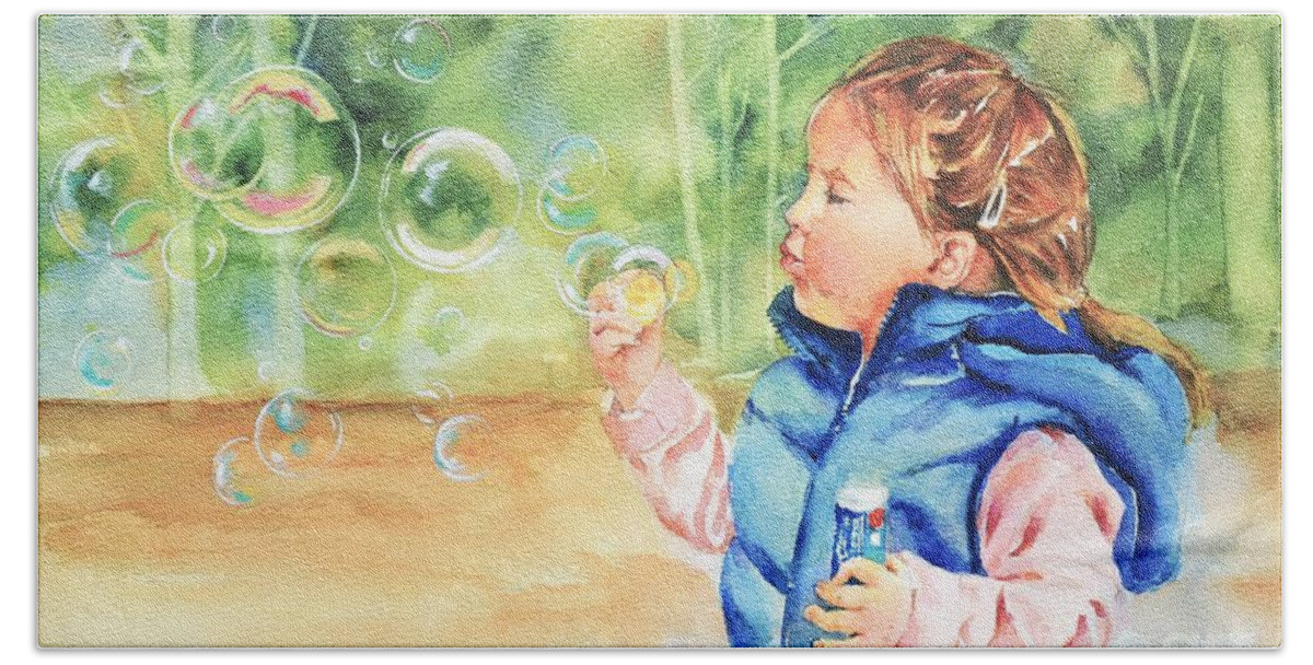 Little Girl Beach Towel featuring the painting Bubble fun by Betty M M Wong