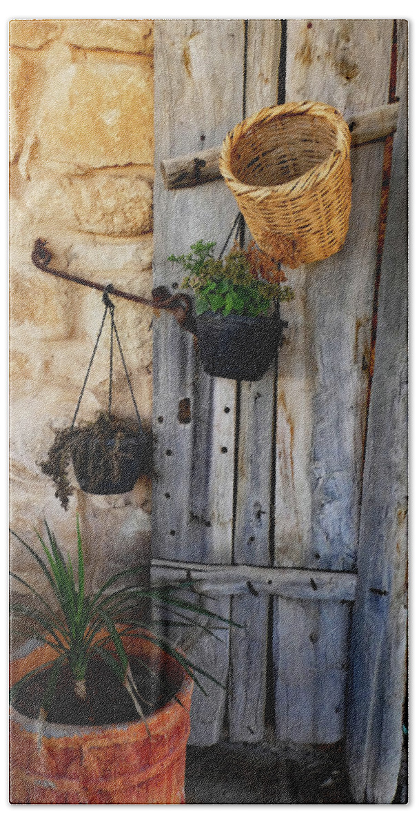Woven Beach Sheet featuring the photograph Basket on Rustic Door by Alan Socolik