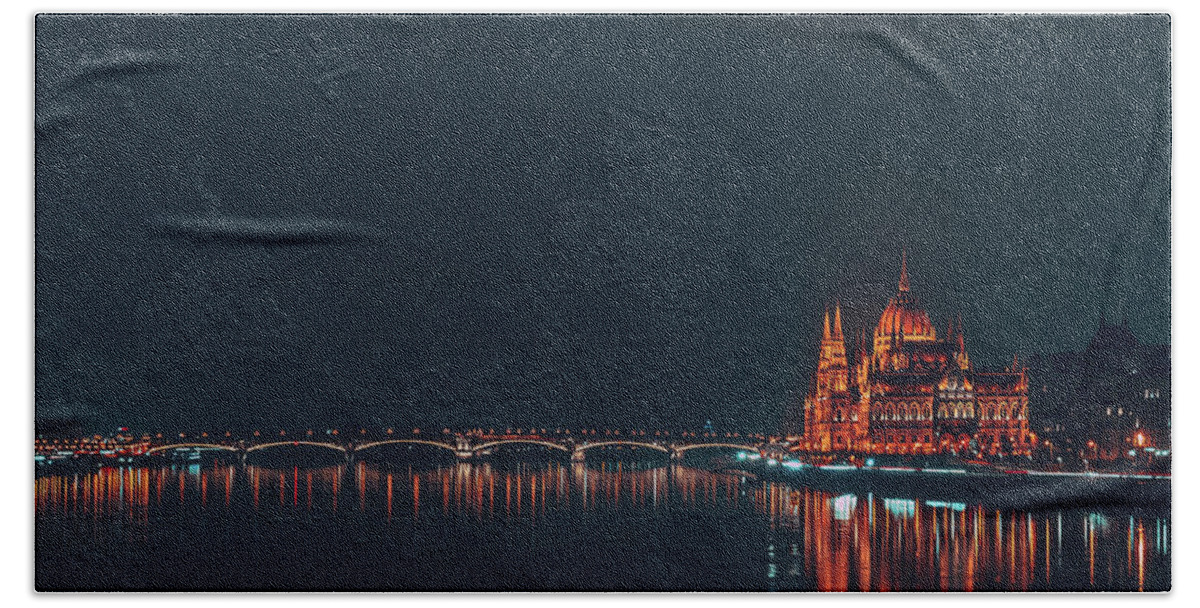 Budapest Beach Towel featuring the photograph Budapest Parliament at Night by Tito Slack