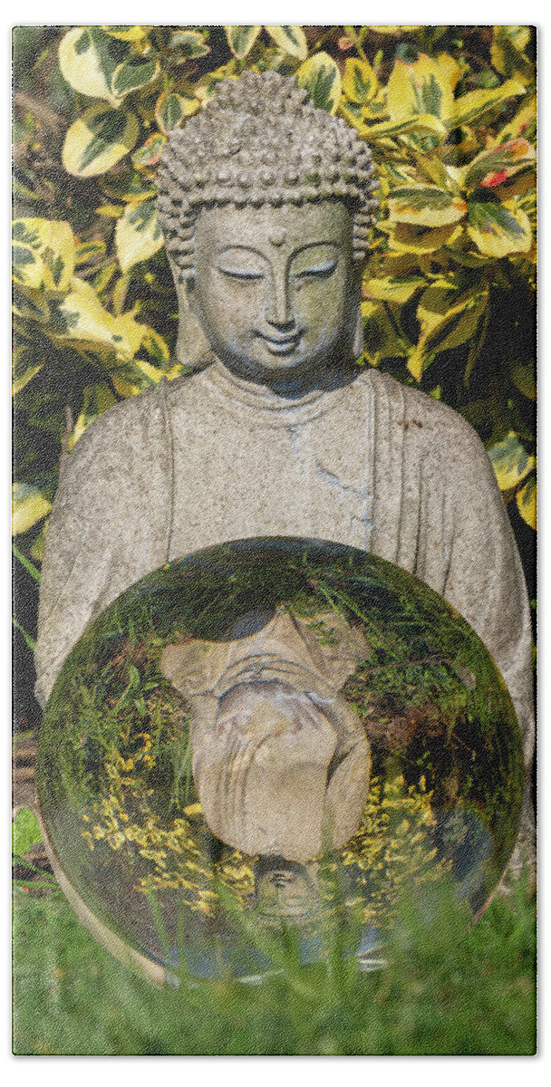 Buddha Beach Towel featuring the photograph Buddha and ball by Steev Stamford