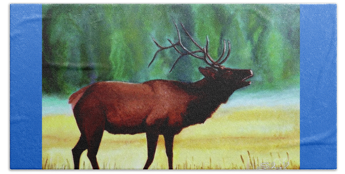 Sherril Porter Beach Towel featuring the painting Bugling Elk by Sherril Porter