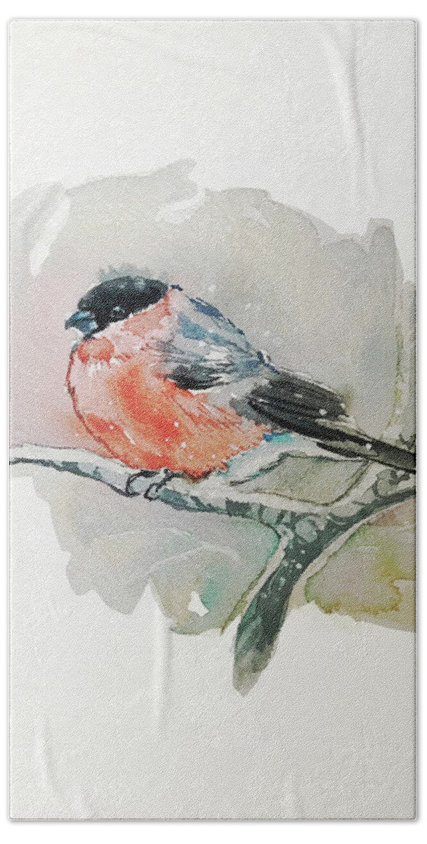 Birds Beach Towel featuring the painting Bullfinch by Luisa Millicent