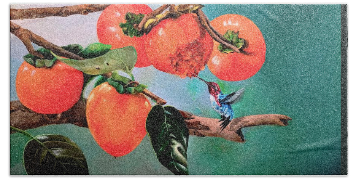 Birds Beach Towel featuring the painting Bumblebee hummer and Persimmons by Dana Newman