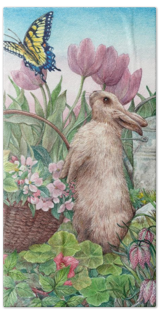 Illustrated Bunny Beach Towel featuring the painting Bunny in Spring Garden by Judith Cheng