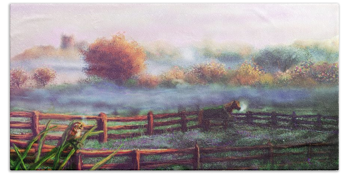 Landscape Beach Towel featuring the painting Burning off the Mist 2 by Robert Rearick