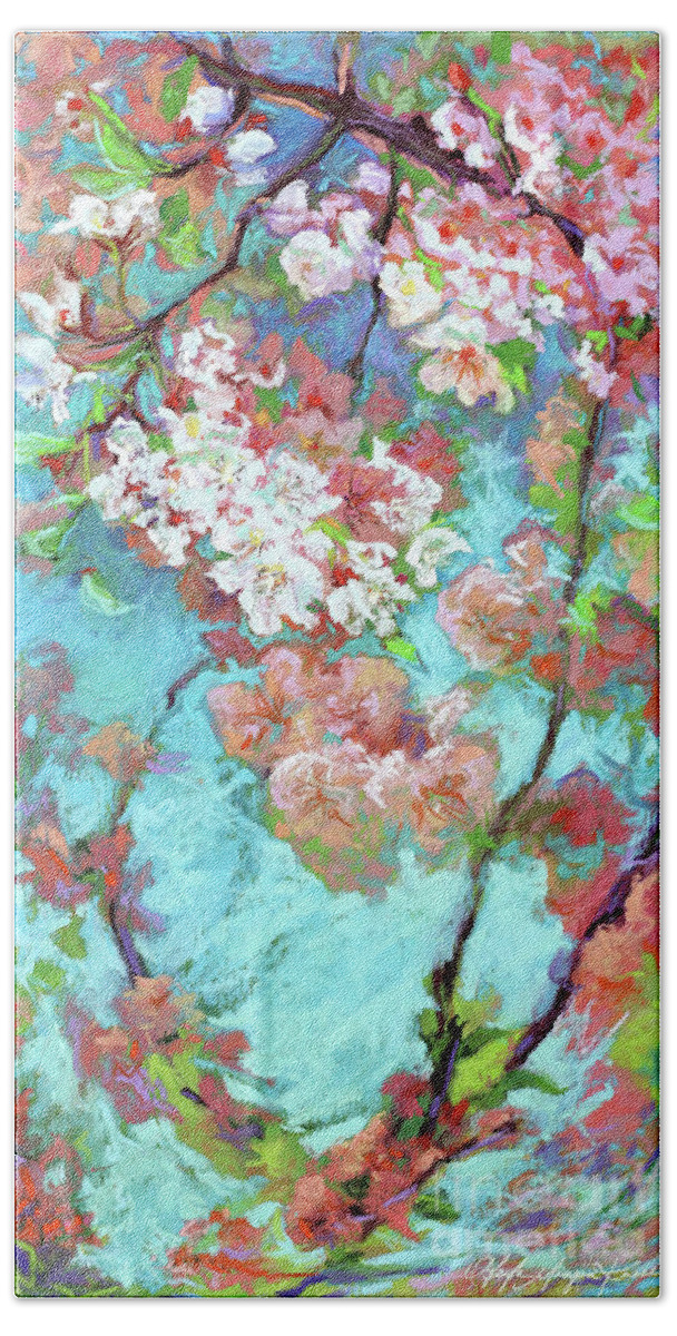 Cherry Blossoms Beach Towel featuring the pastel Bursting Blooms in a Turquoise Sky by Gayle Mangan Kassal