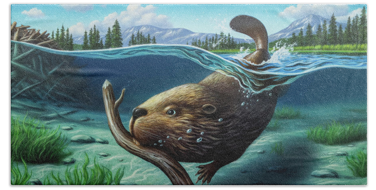 Beaver Beach Towel featuring the painting Busy Beaver by Jerry LoFaro
