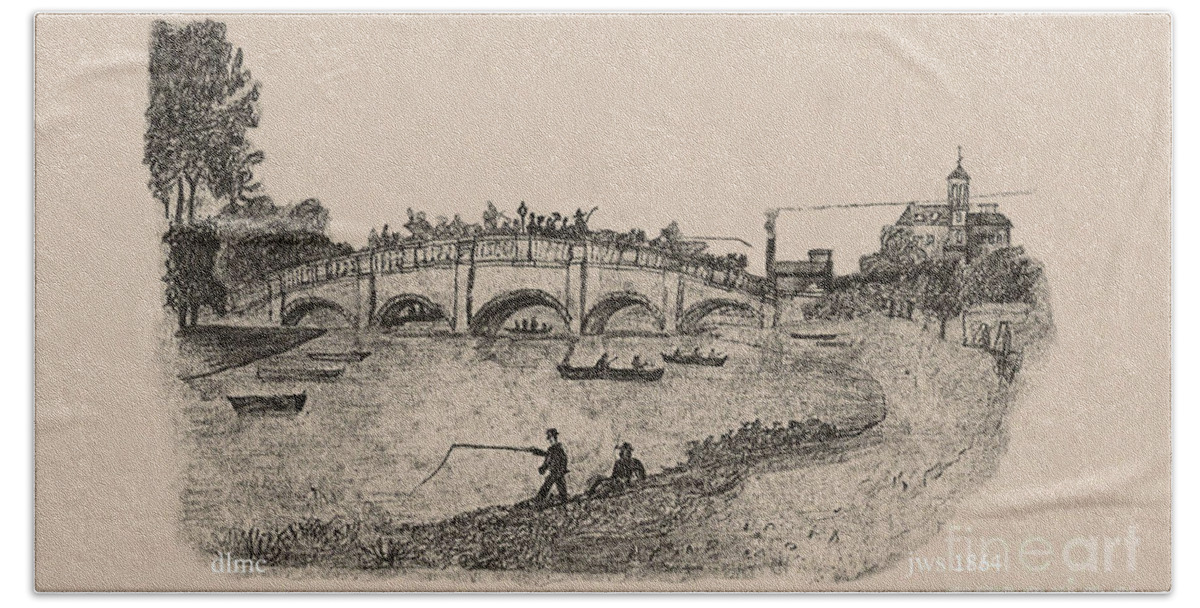 Bridge Beach Sheet featuring the drawing Busy Richmond Bridge and Fishermen by Donna L Munro