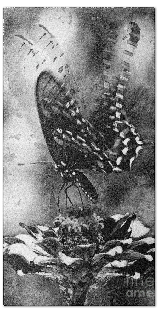 Butterfly Beach Towel featuring the digital art Butterfly And Flower - Black And White by Anthony Ellis