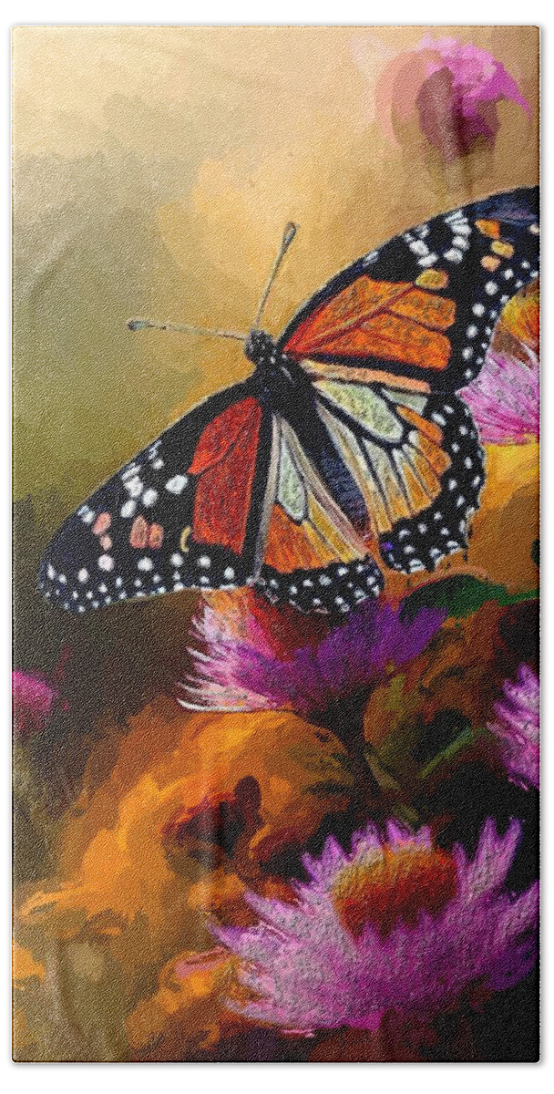 Animal Beach Towel featuring the mixed media Butterfly and Pink Flowers by Anas Afash